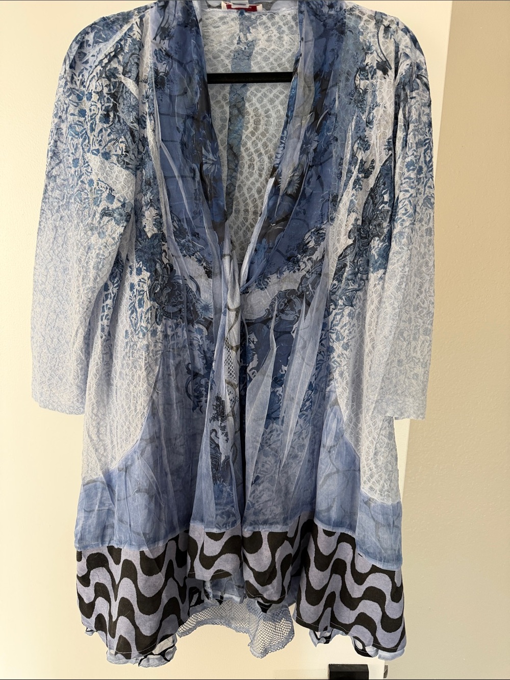 Light Blue Floral Open-Front Tunic with Black Wave Hem